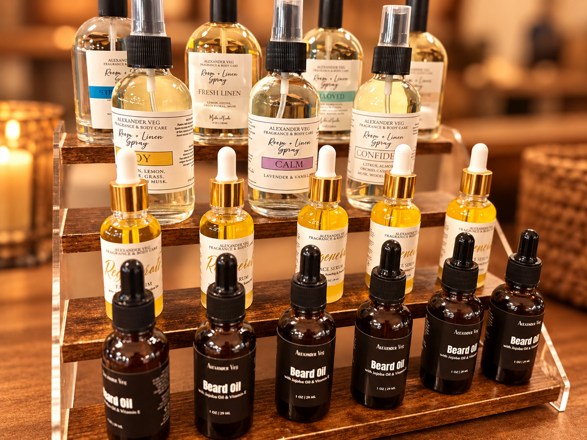 Body Oils, Hair Oil, Face Serum, and Beard Oils